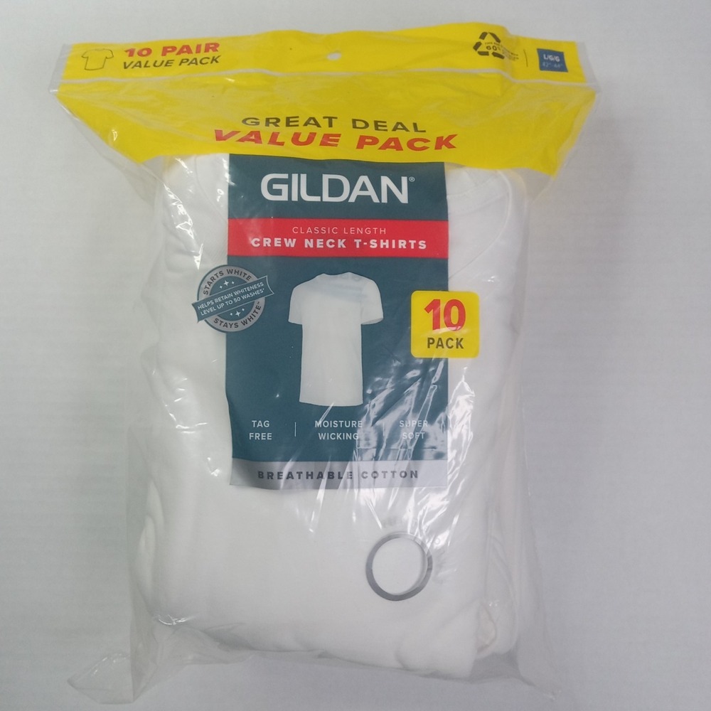 Gildan‎ Men's 10 Pack Short Sleeve Crew T-Shirt Tag-Free White Size L 42-44" NEW